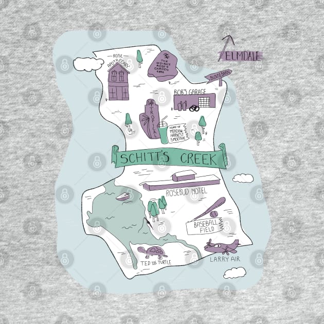 The Town of Schitt's Creek, hand drawn map of all of the town landmarks in purples, blues and minty greens. by YourGoods